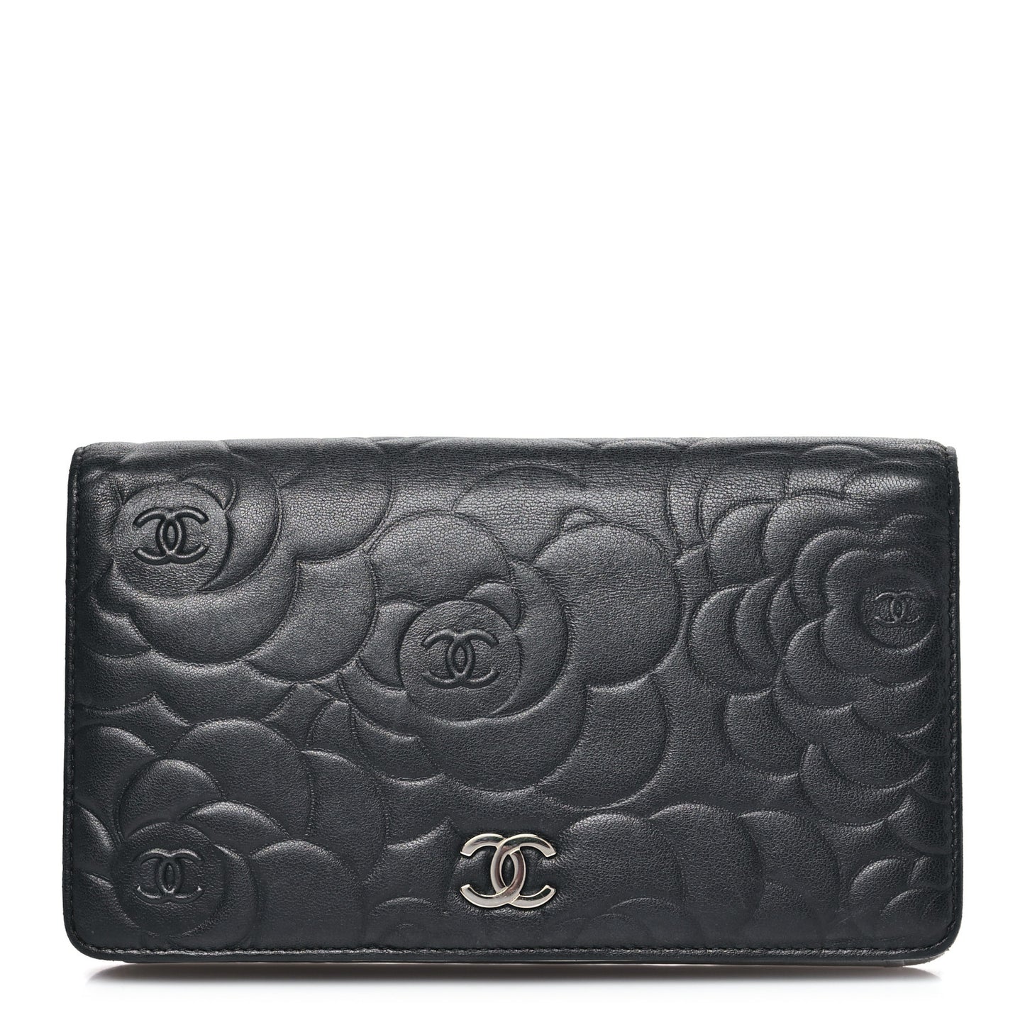 Lambskin Camellia Embossed Yen Wallet Black