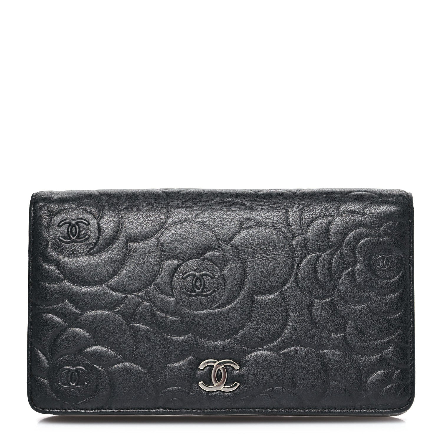 Chanel Lambskin Camellia Embossed Yen Wallet Black 1 of 9
