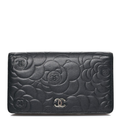 Chanel Lambskin Camellia Embossed Yen Wallet Black 1 of 9