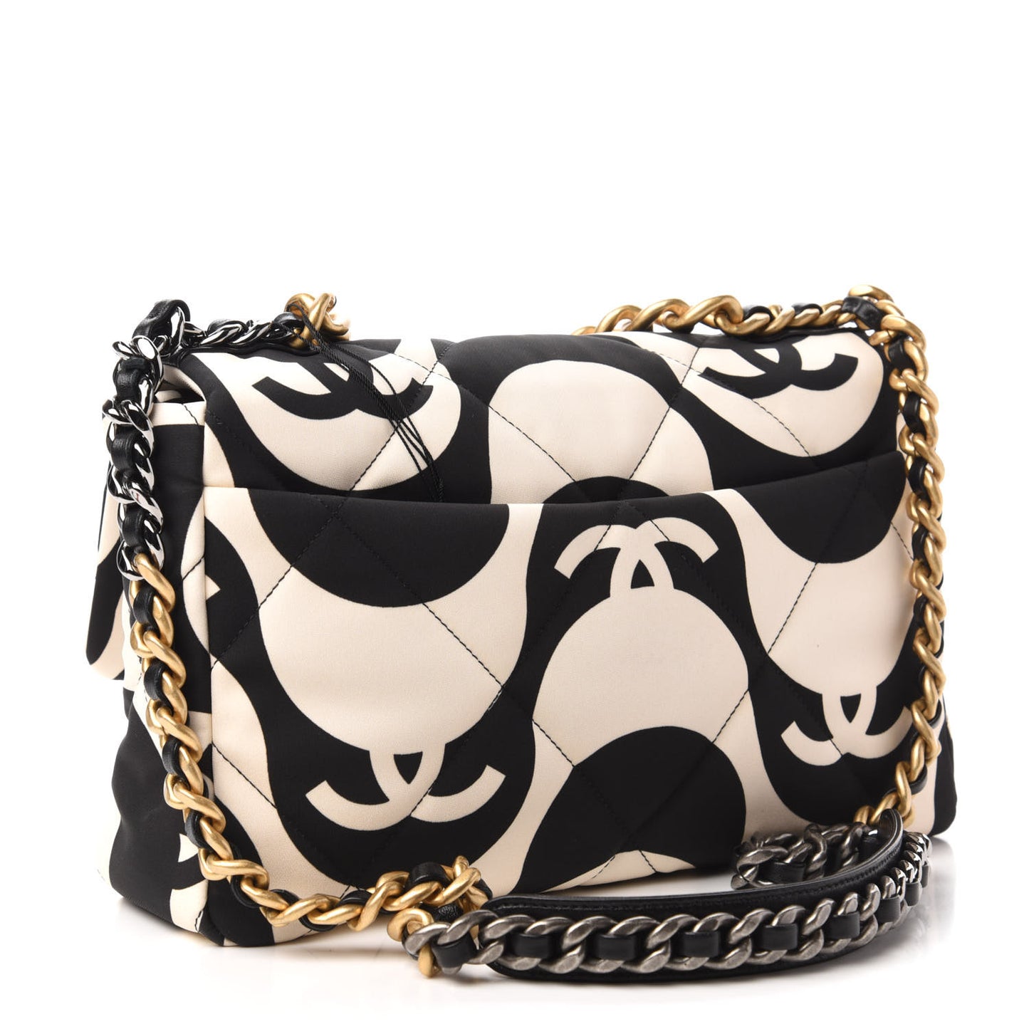 Fabric Printed Large Chanel 19 Flap Black Ecru