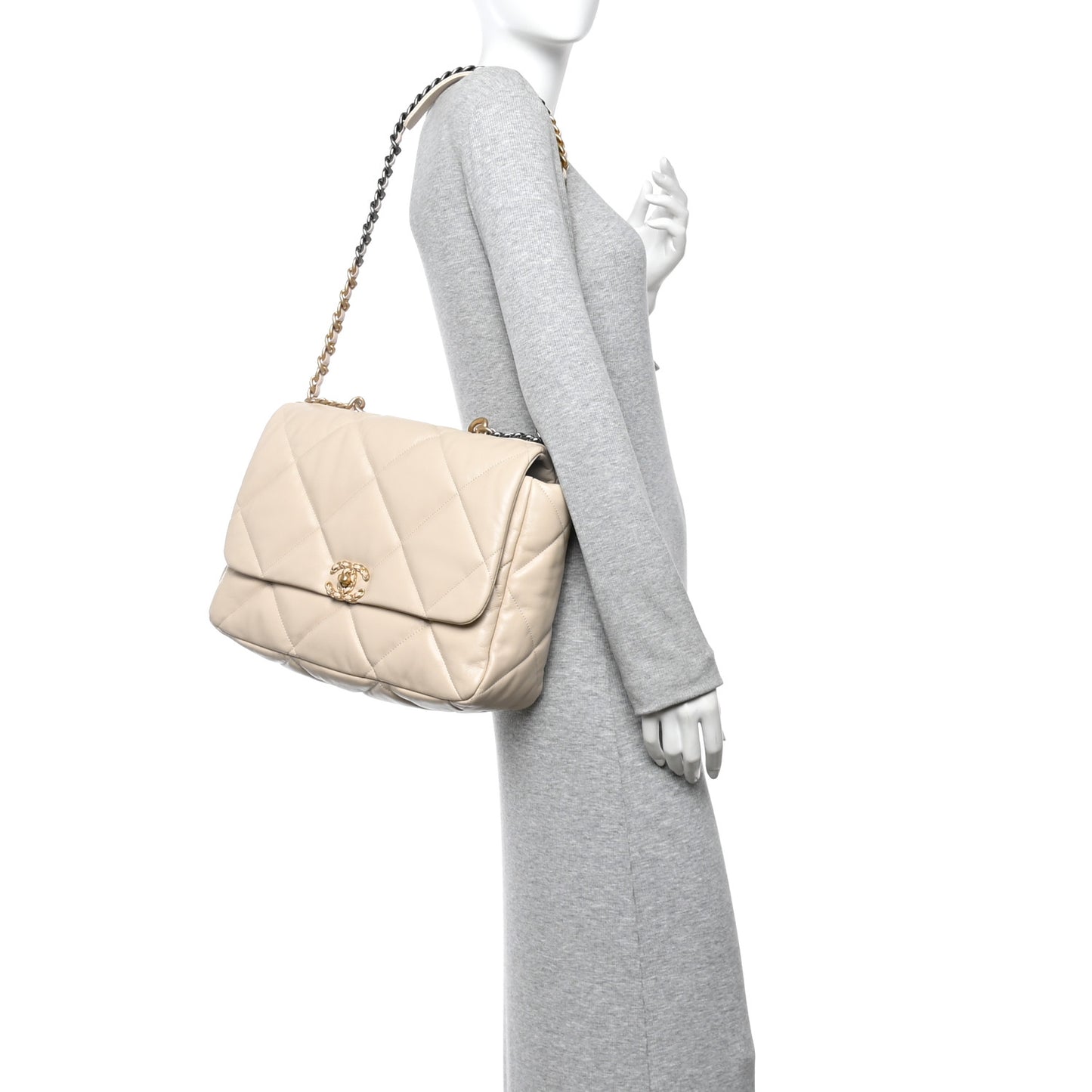 Goatskin Quilted Maxi Chanel 19 Flap Beige