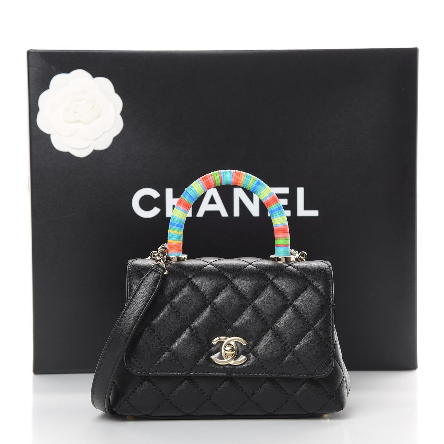 Goatskin Quilted Rainbow Extra Mini Coco Handle Flap Black