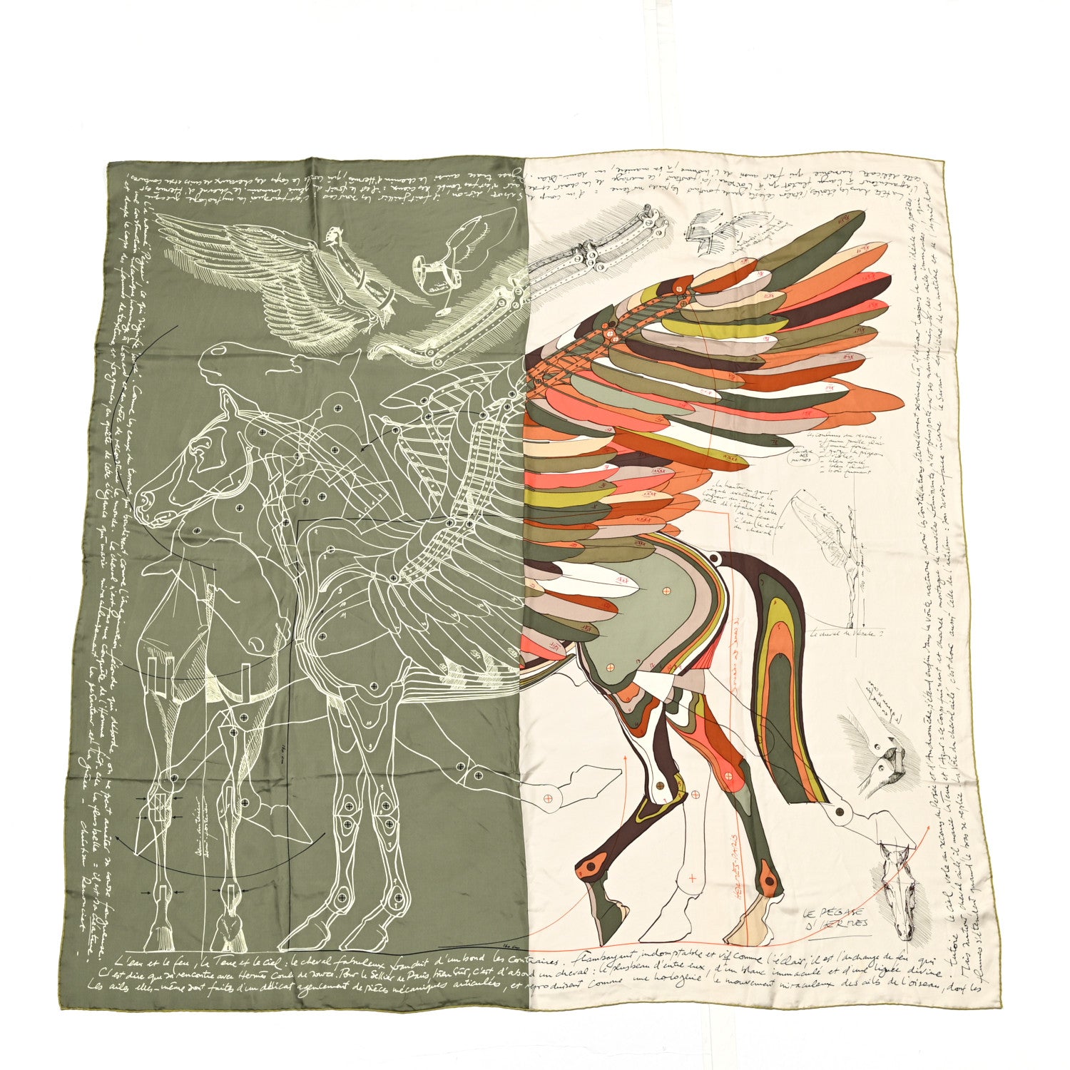 Hermes Silk Le Pegase d'Hermes Cut Wash 140 Scarf Kaki Gris Perle Or 1 of 5