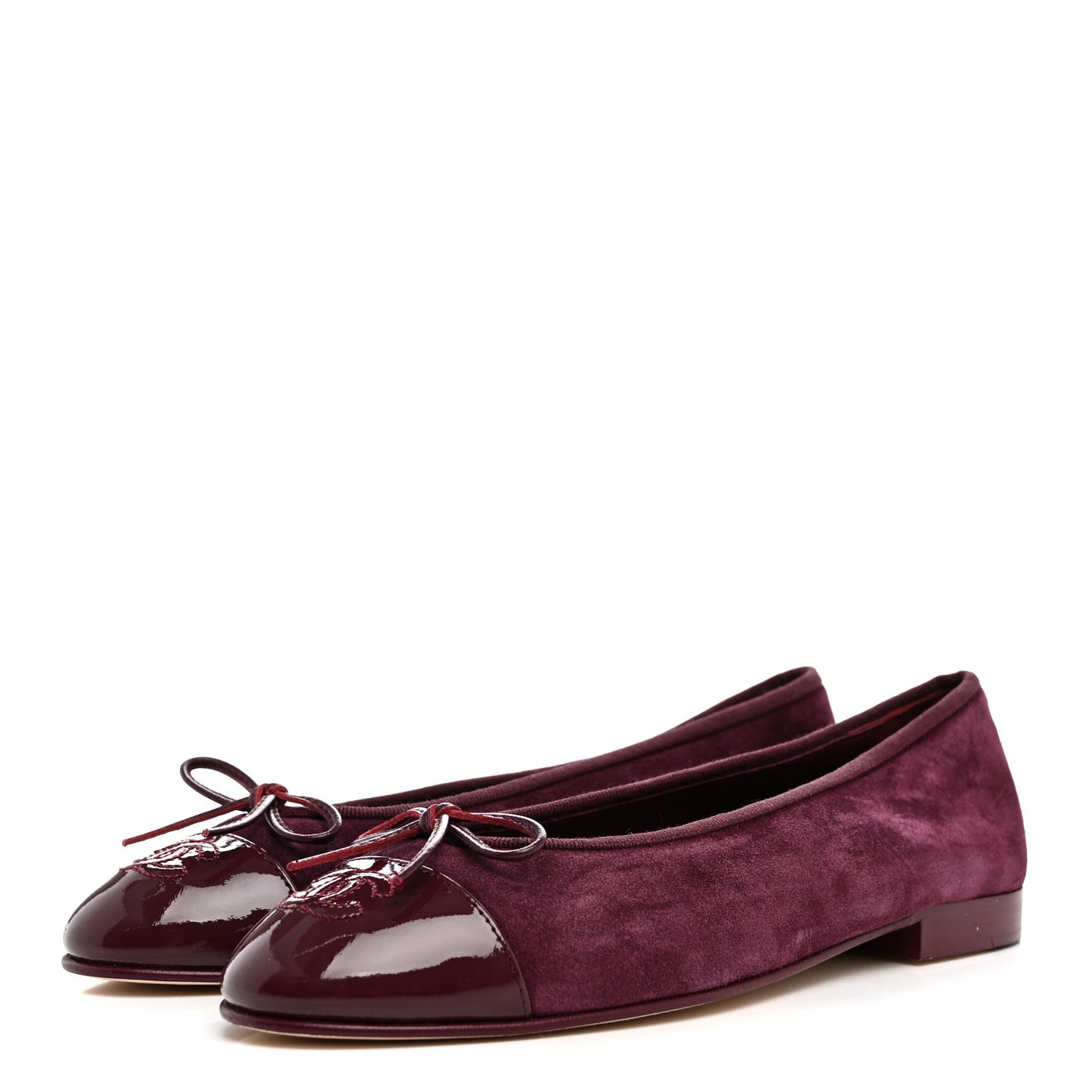 Suede Patent Calfskin Cap Toe CC Ballerina Flats 38 Burgundy