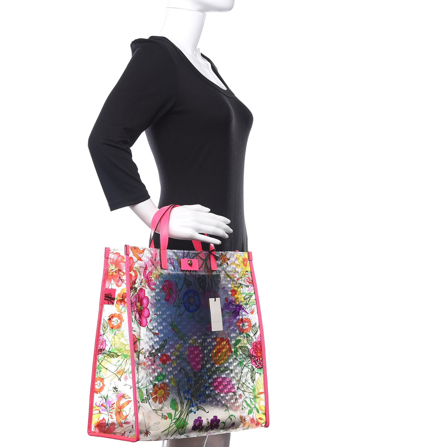 Gucci Calfskin Textured Vinyl Print Flora Tote Fluorescent Fuchsia 3 of 12