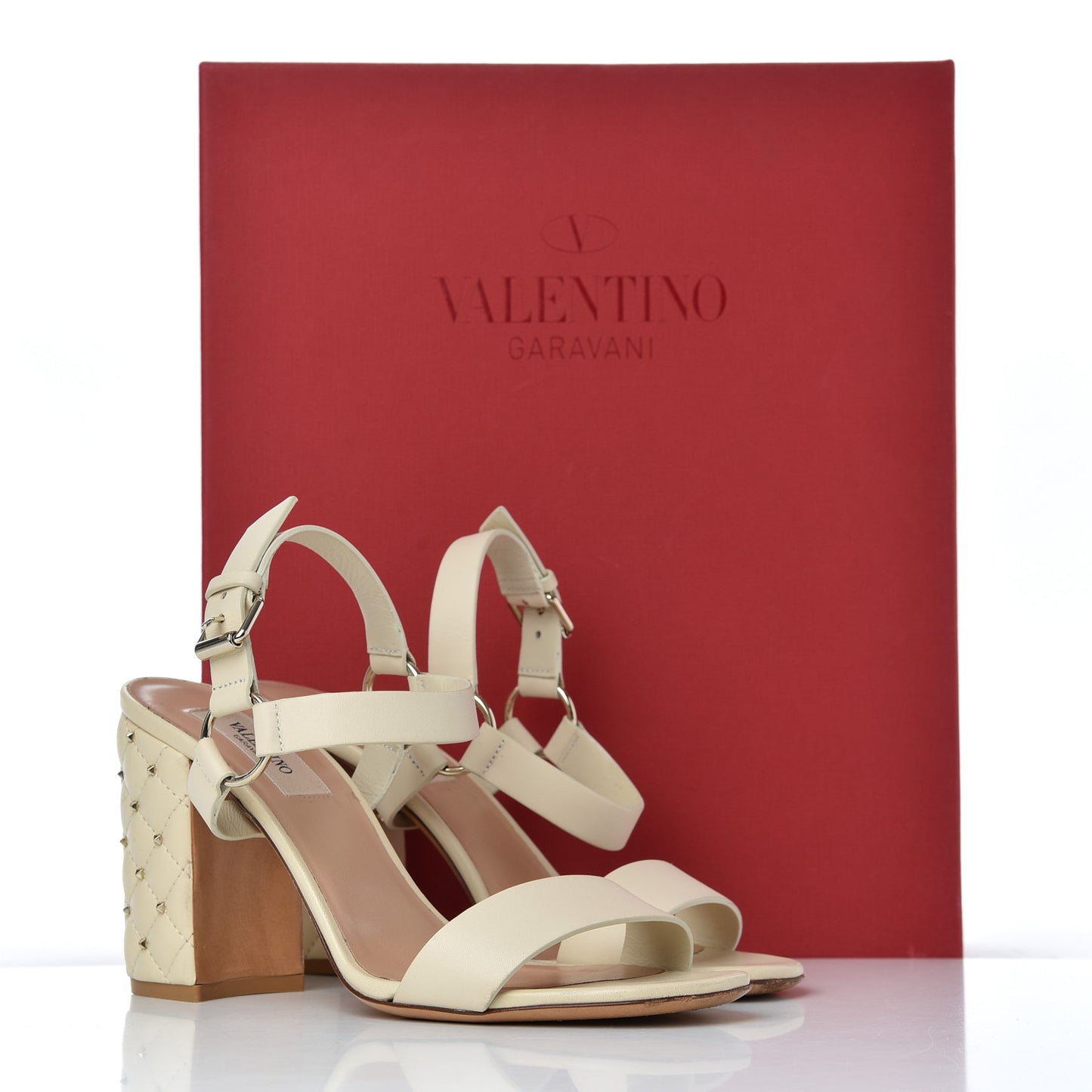 Calfskin Nappa Rockstud Spike 90mm Ankle Strap Sandals 36 Ivory