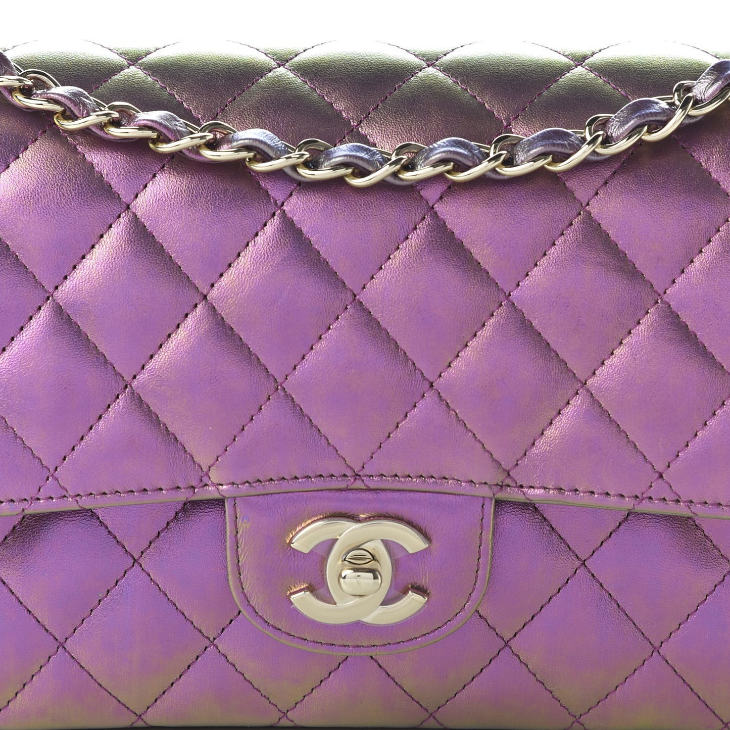 Iridescent Lambskin Quilted Medium Double Flap Purple