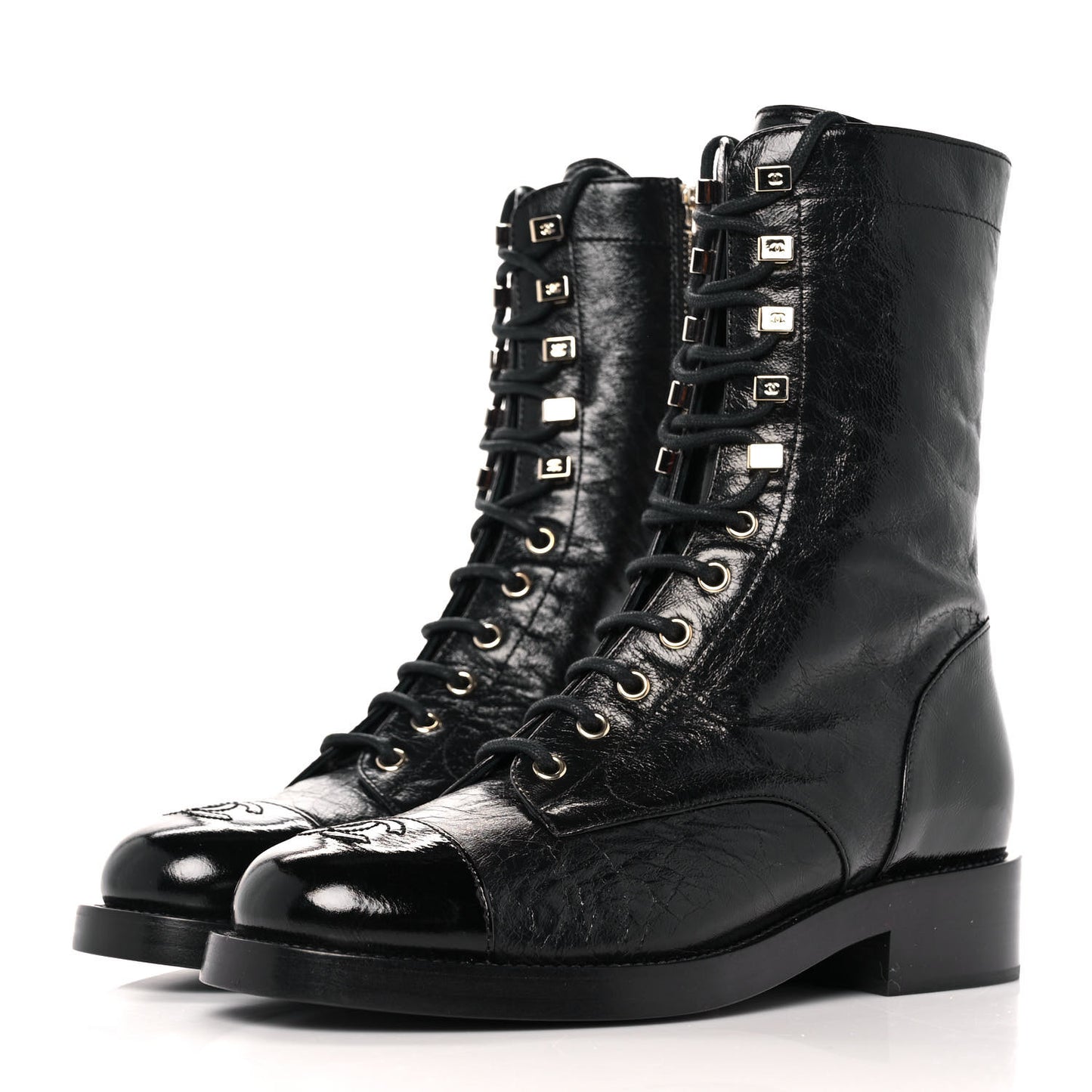 Crumpled Lambskin Shiny Calfskin Lace Up Combat Boots 38 Black