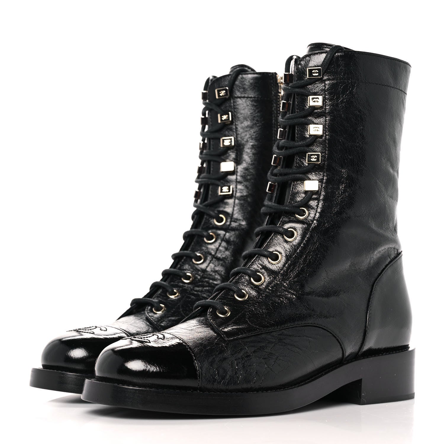 Chanel Crumpled Lambskin Shiny Calfskin Lace Up Combat Boots 38 Black 3 of 9