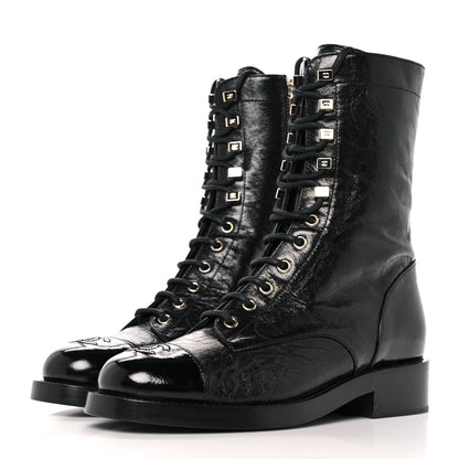 Chanel Crumpled Lambskin Shiny Calfskin Lace Up Combat Boots 38 Black 3 of 9
