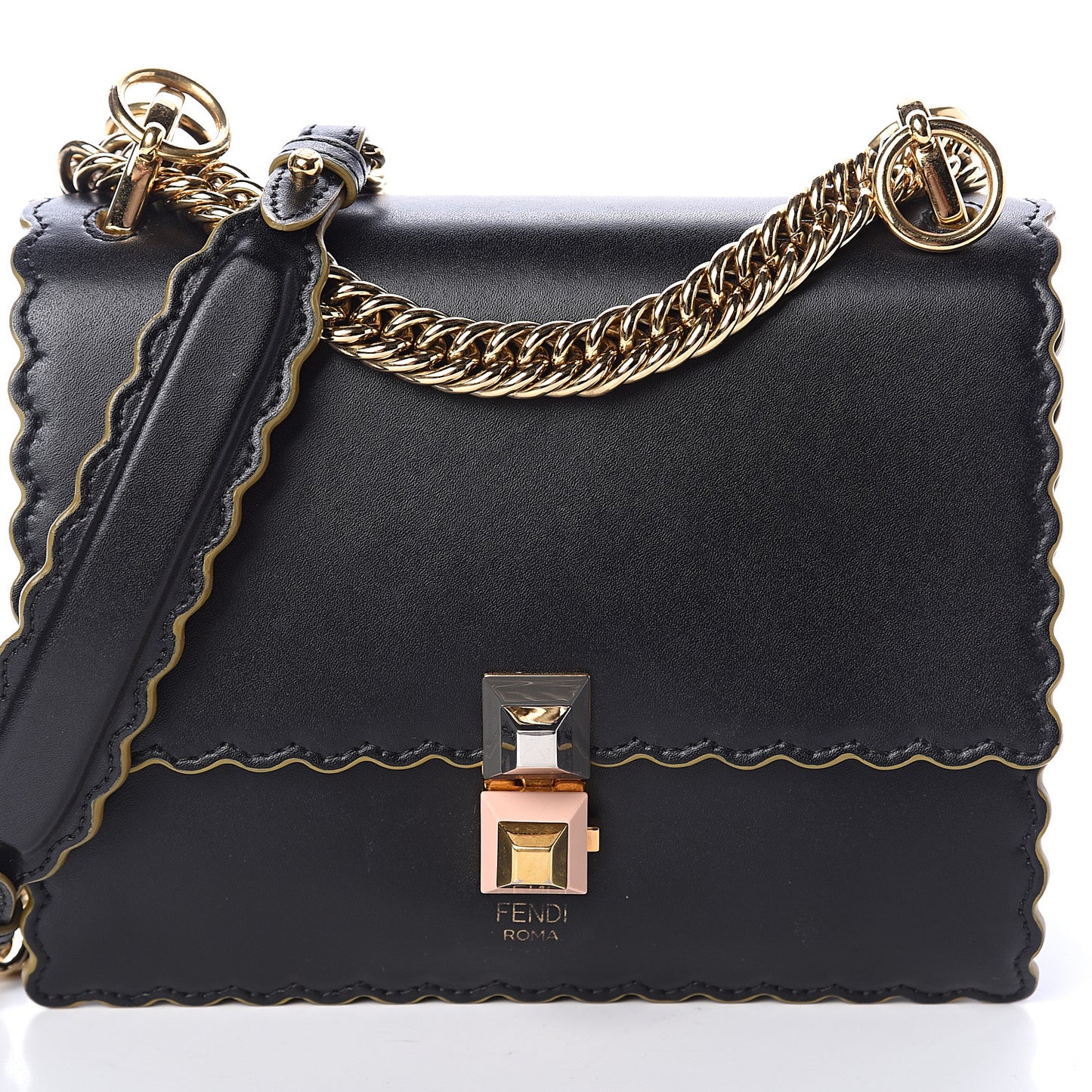 Vitello Liberty Scalloped Studded Small Kan I Shoulder Bag Black