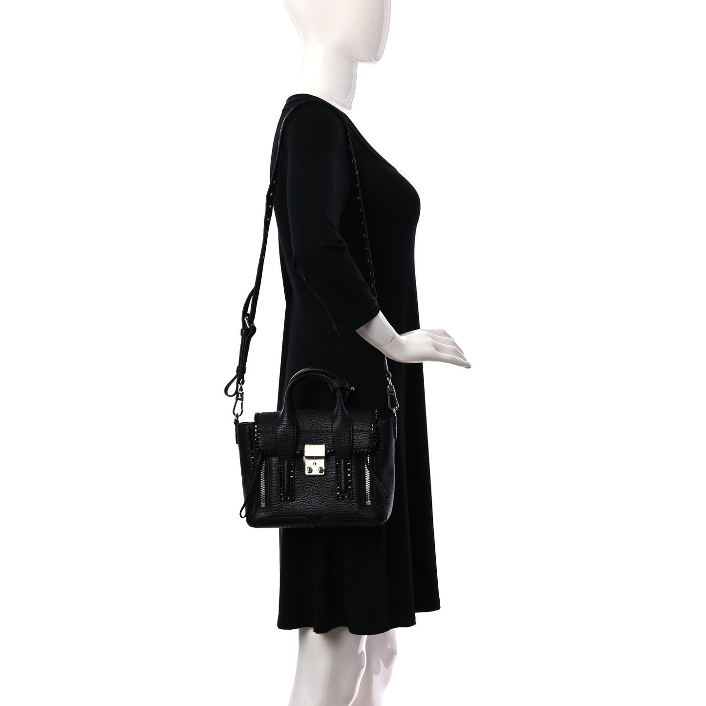 Textured Calfskin Mini Whipstitch Pashli Satchel Black
