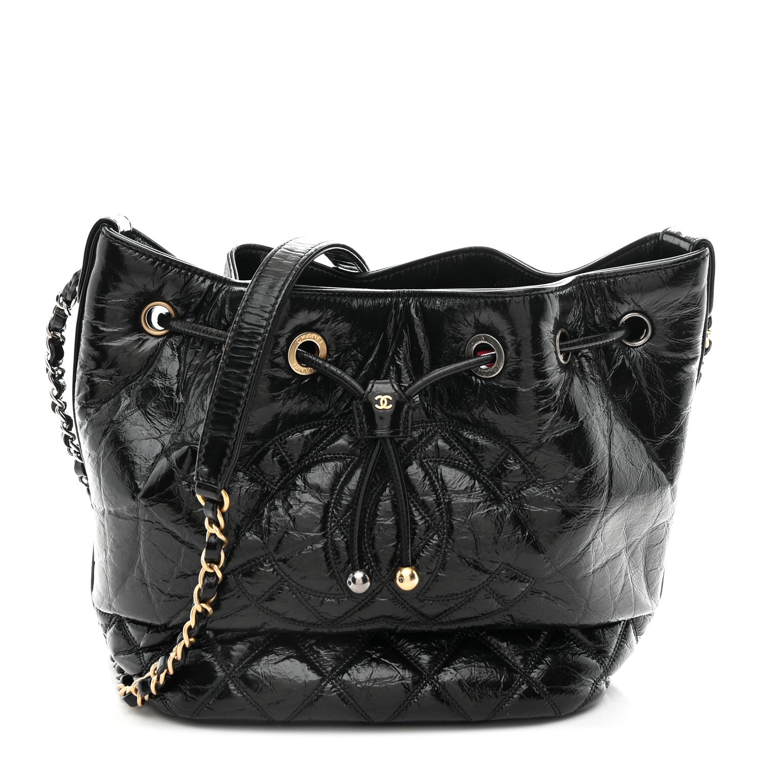 Chanel Shiny Aged Calfskin CC Chain Drawstring Bag Black 1 of 11