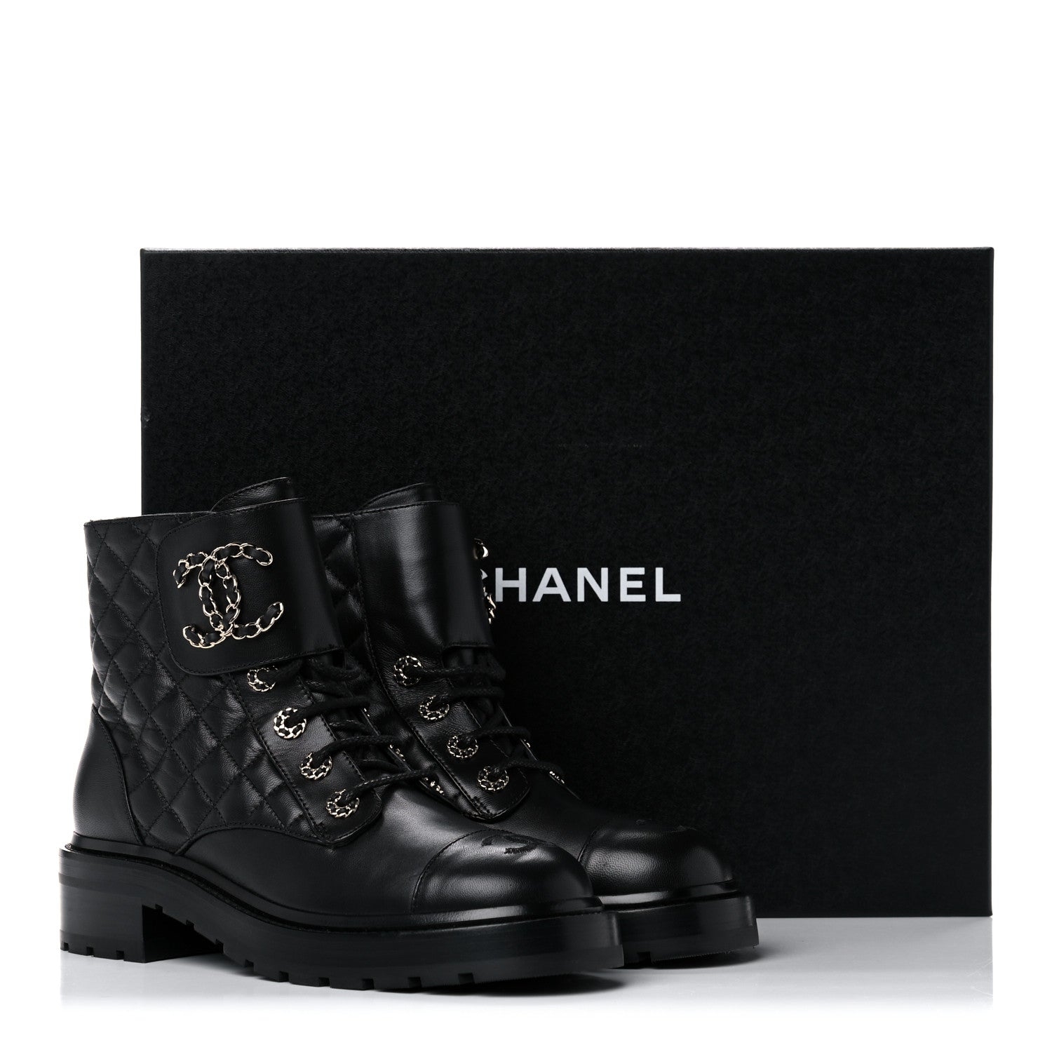 Chanel Shiny Lambskin Quilted Lace Up Combat Boots 38 Black 12 of 12