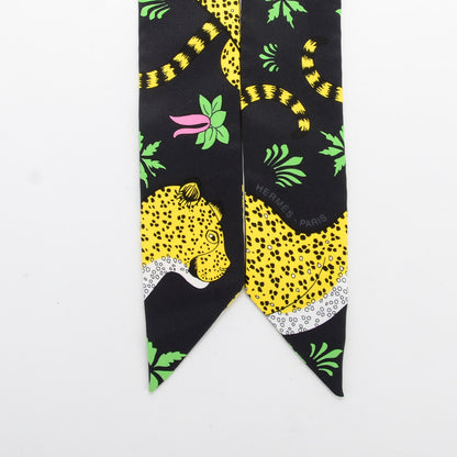 Hermes Silk Les Leopards Twilly Noir Jaune Vert 4 of 6