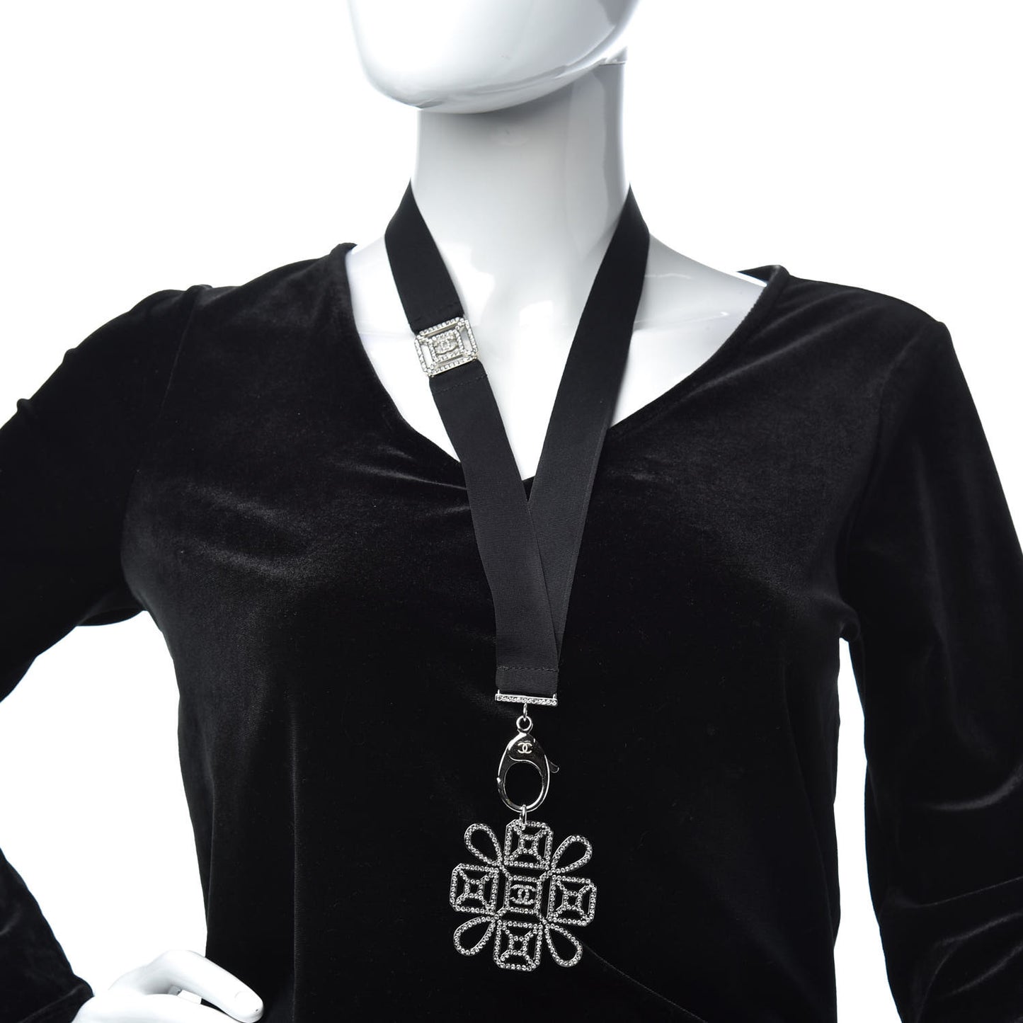 Crystal CC Cross Lanyard Necklace Black Silver