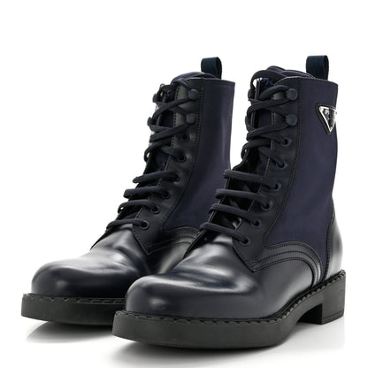 Prada Spazzolato Re-Nylon Metal Triangle Logo Womens 50mm Combat Boots 41 Bleu 3 of 9