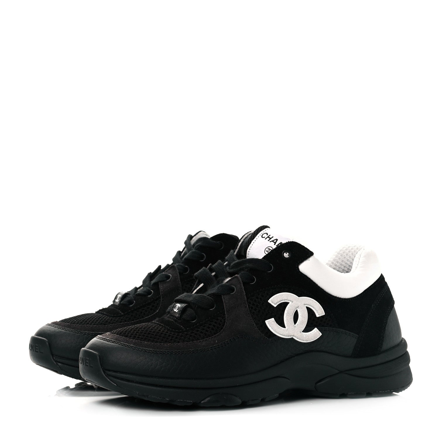 Chanel Mesh Suede Grained Calfskin Womens CC Sneakers 37 Black White 3 of 8