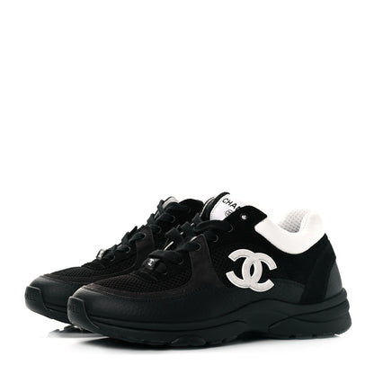 Chanel Mesh Suede Grained Calfskin Womens CC Sneakers 37 Black White 3 of 8