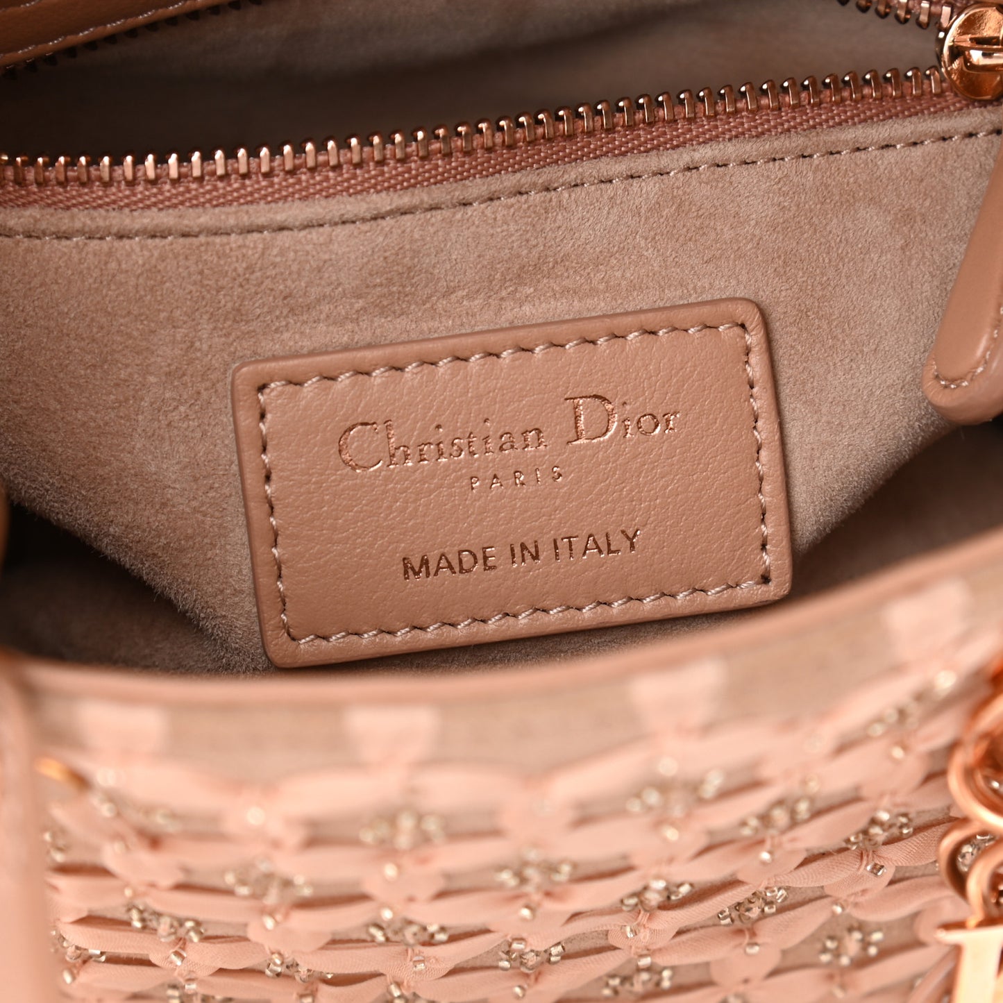 Suede Beaded Ribbon Mini Lady Dior Beige