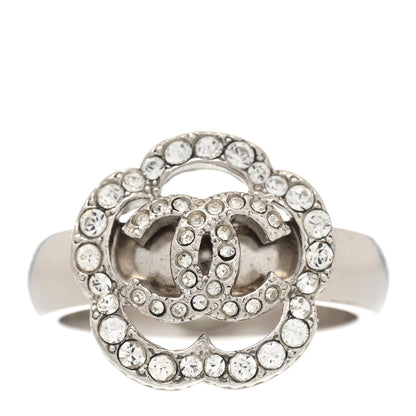 Chanel Crystal Coco Flapper Camellia CC Ring 52/6 Silver 1 of 6