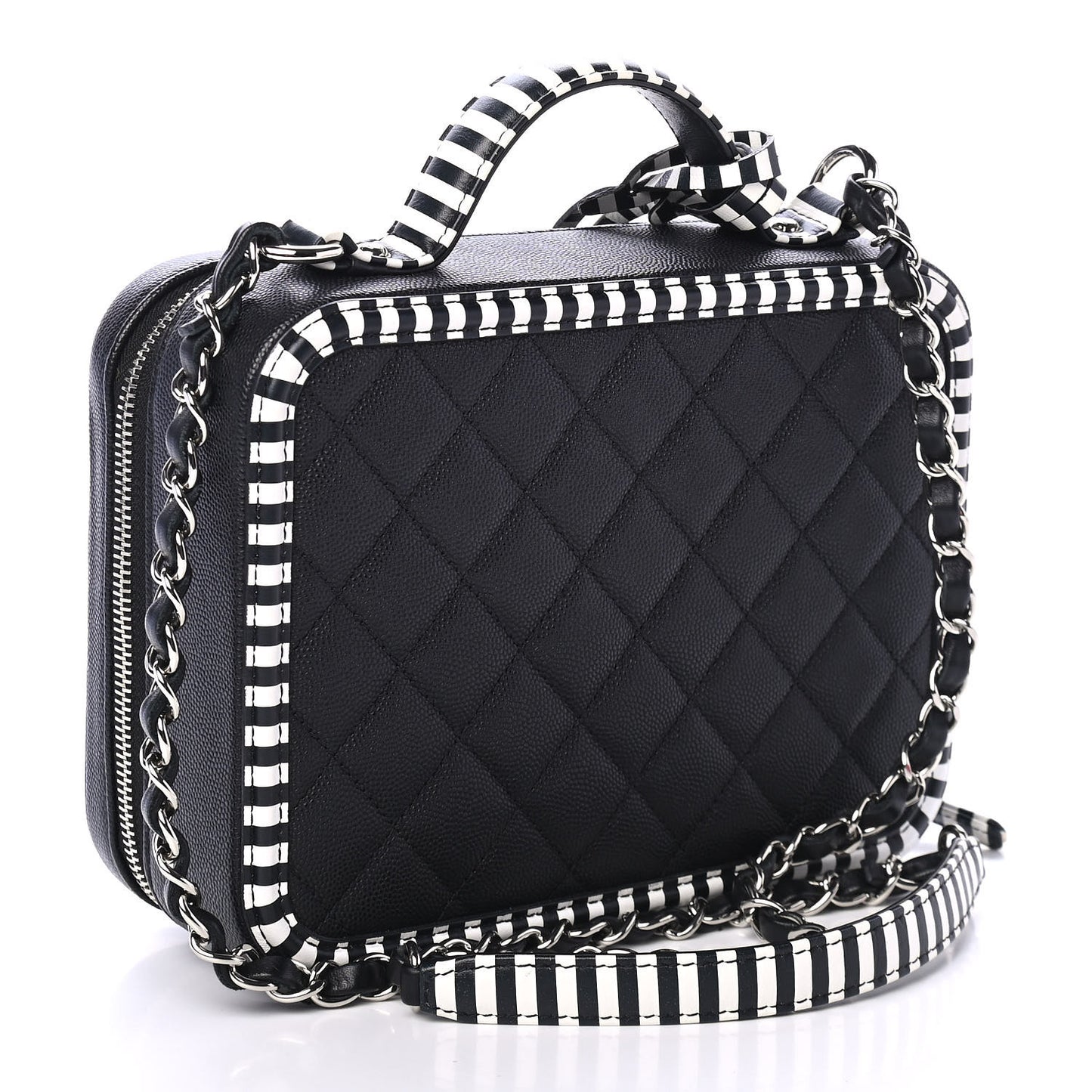 Caviar Quilted Striped Medium CC Filigree Vanity Case Black White