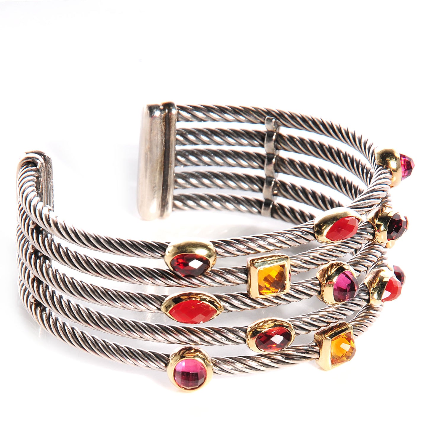 Sterling Silver 18K Yellow Gold Garnet Pink Tourmaline Citrine Carnelian Confetti Five Row Cuff Bracelet