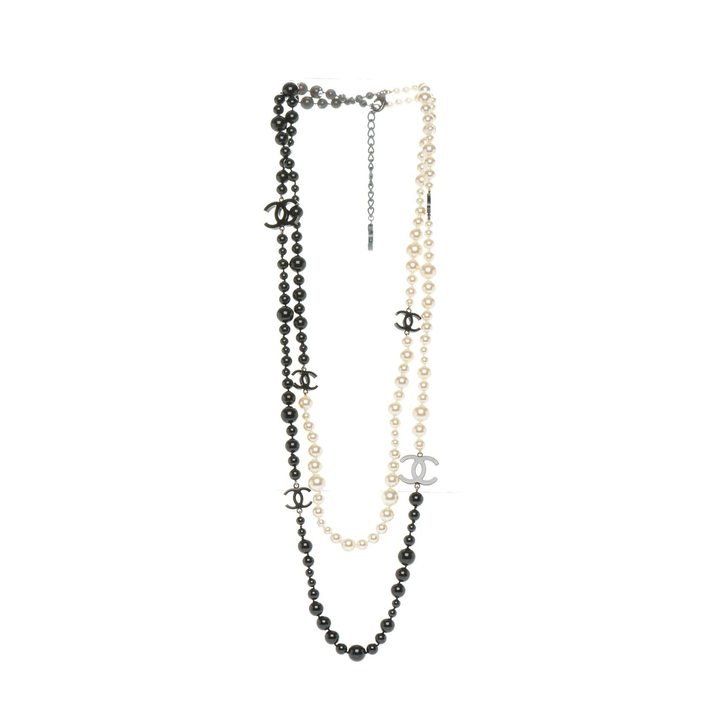 Pearl Beaded CC Long Necklace Black White