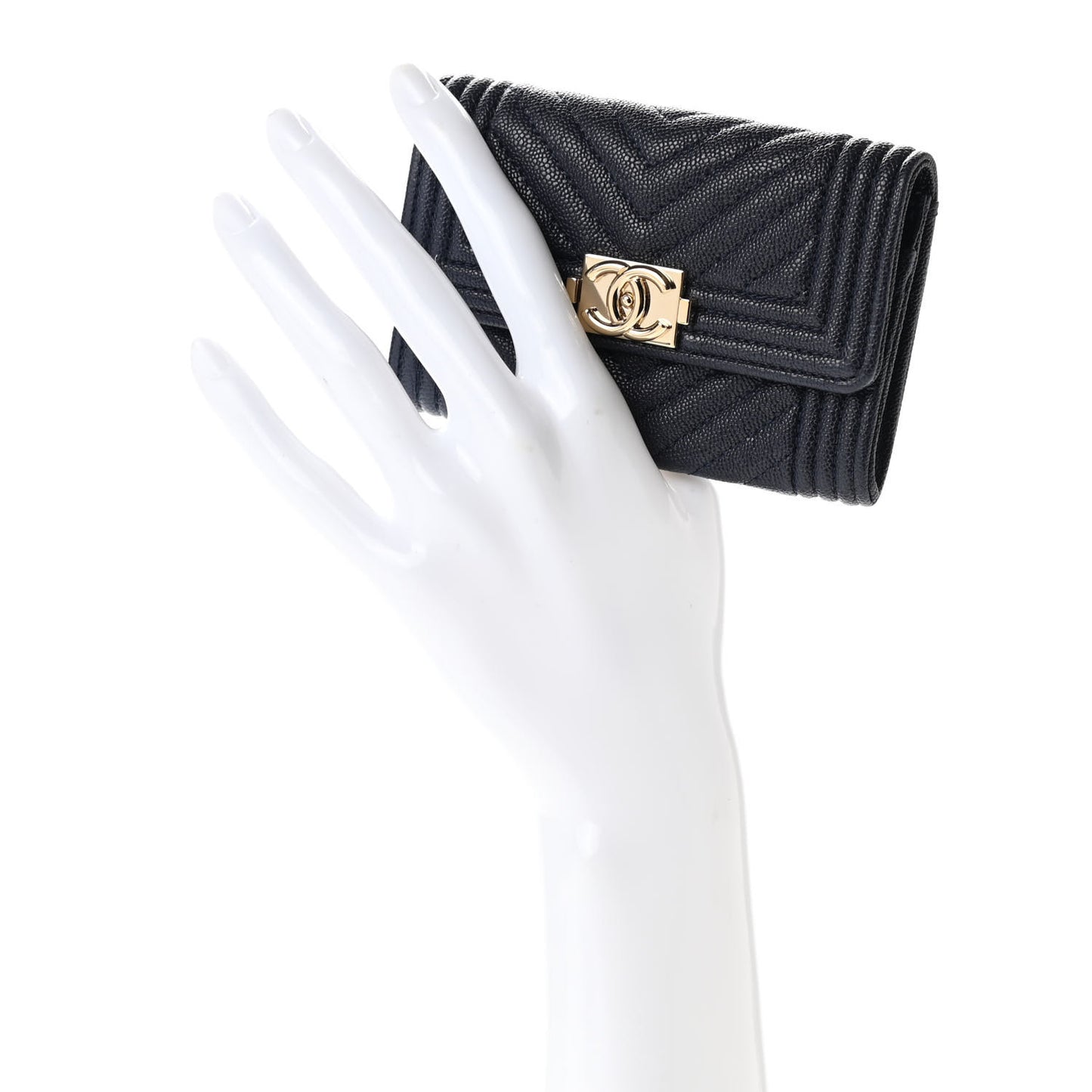 Caviar Chevron Quilted Boy Card Holder Wallet Navy