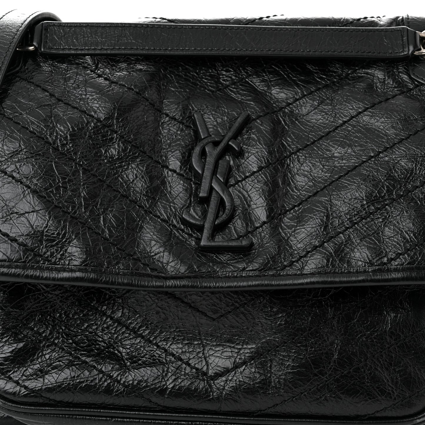 Crinkled Calfskin Matelasse Monogram Medium Niki Chain Satchel Black