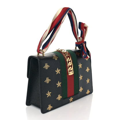 Gucci Textured Calfskin Bee Star Print Small Sylvie Shoulder Bag Black 3 of 11