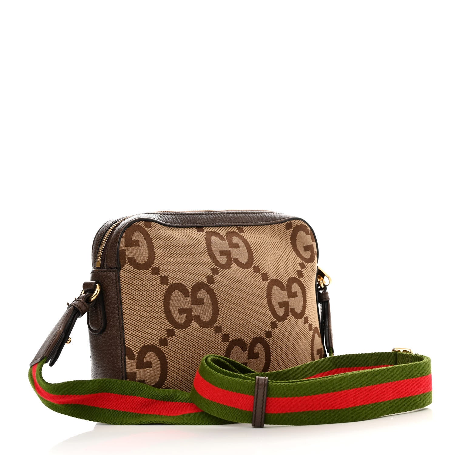Gucci Monogram Jumbo GG Textured Dollar Calfskin Web Messenger Shoulder Bag Camel Ebony New Acero 3 of 10