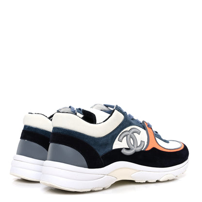 Chanel Nylon Calfskin Suede CC Womens Sneakers 40 Navy White Orange 5 of 10