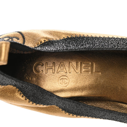 Chanel Metallic Lambskin Patent CC Elastic Stretch Pumps 41 Gold Black 7 of 9