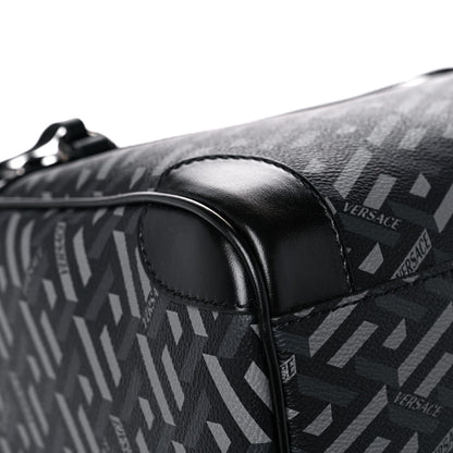 Versace Coated Canvas Calfskin La Greca Signature Travel Bag Black Grey 10 of 14