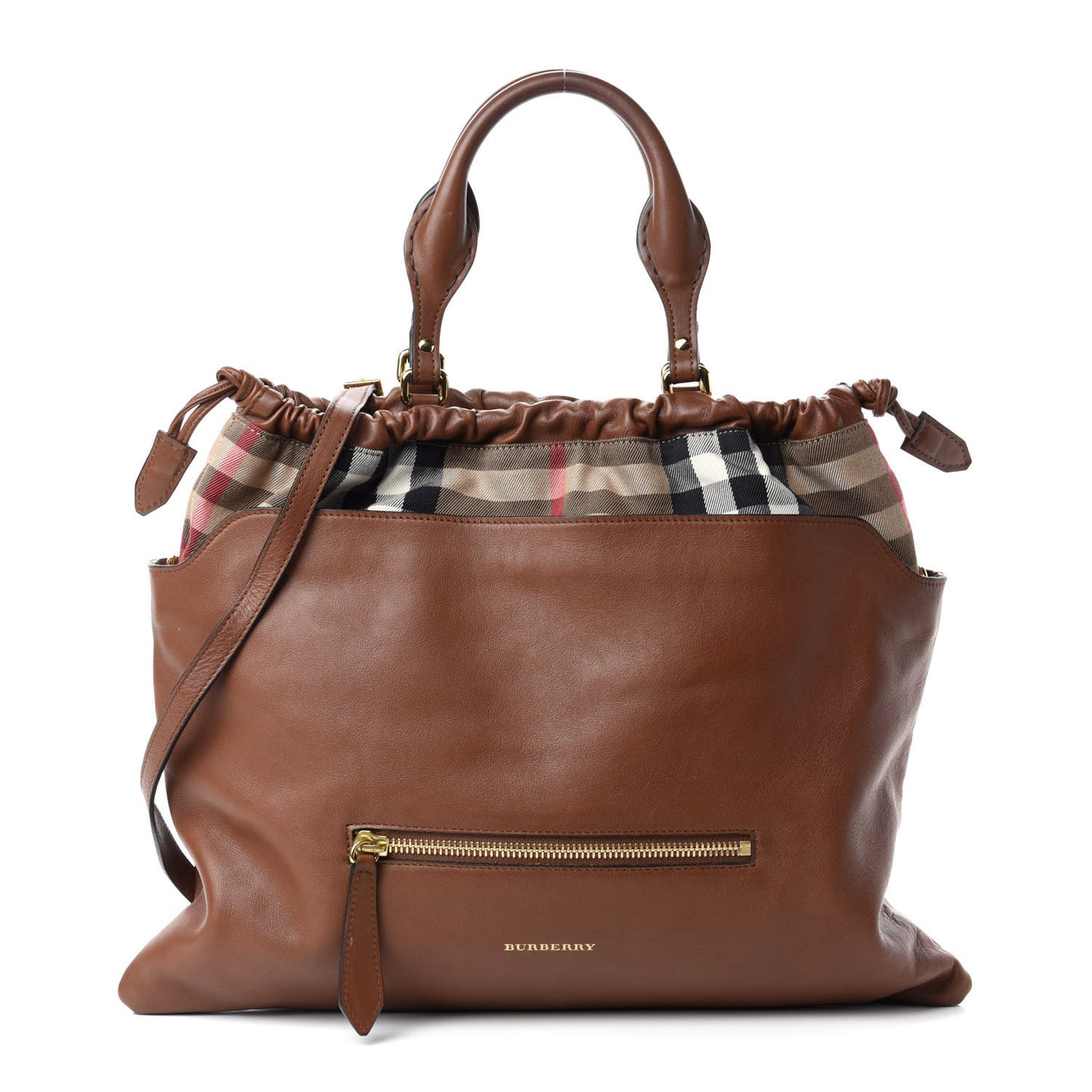 Soft Calfskin House Check Big Crush Tote Brown Ochre