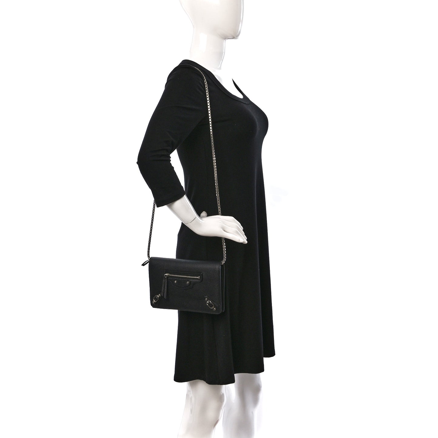 Grained Calfskin Classic Silver Hardware Wallet on Chain Black