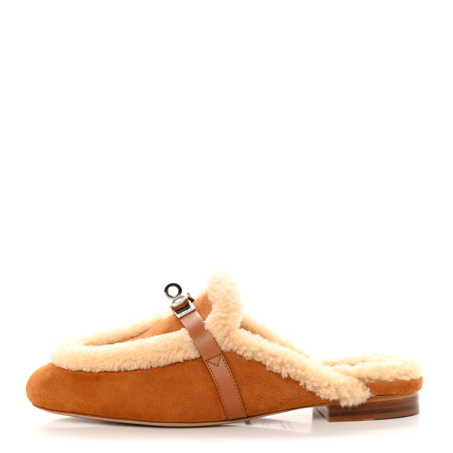 Hermes Suede Goatskin Woolskin Womens Oz Mules 37 Naturel 1 of 9