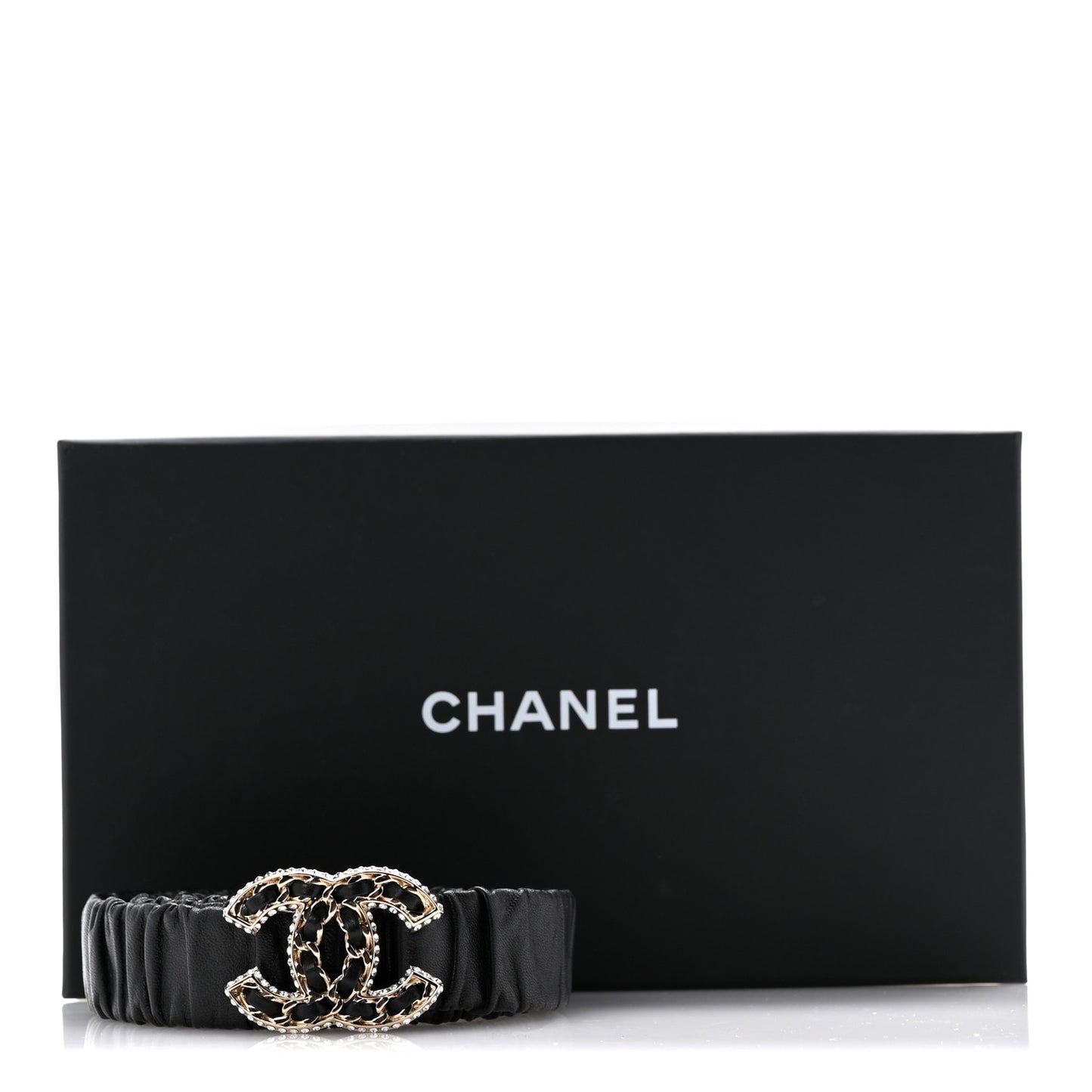 Lambskin Metal Strass Ruched Chain CC Belt 90 36 Black