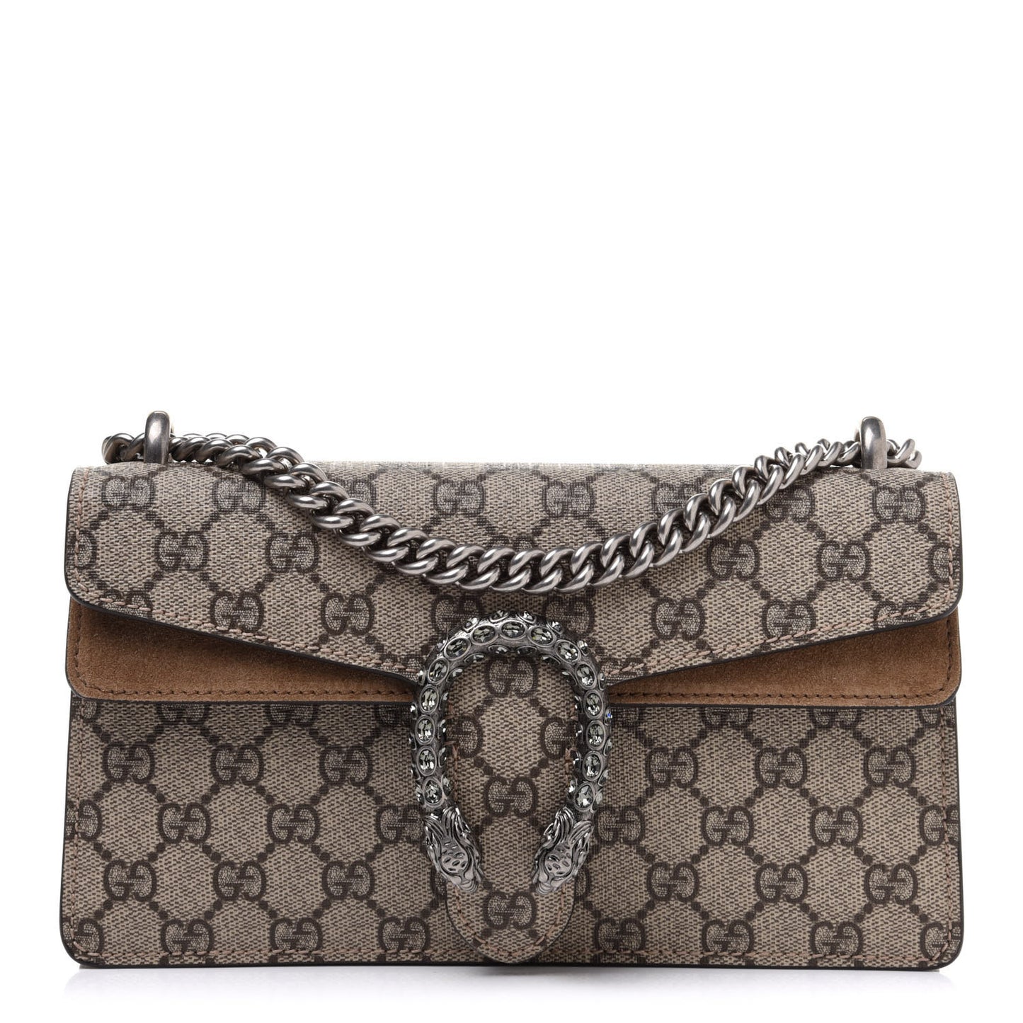 GG Supreme Monogram Suede Crystal Small Dionysus Shoulder Bag Beige Ebony Taupe