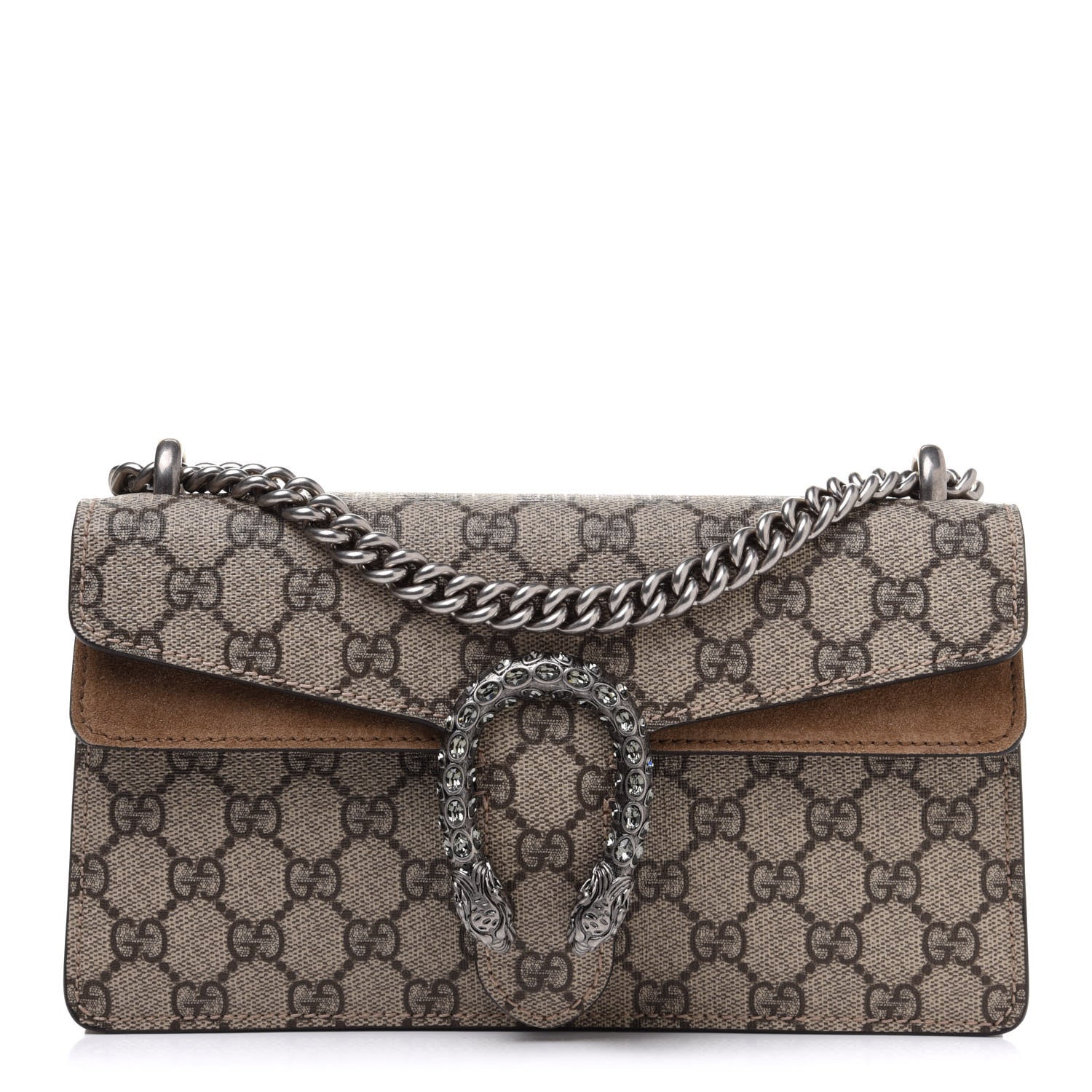 Gucci GG Supreme Monogram Suede Crystal Small Dionysus Shoulder Bag Beige Ebony Taupe 1 of 10