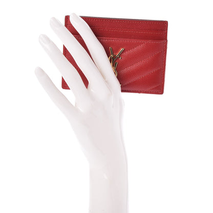 Saint Laurent Grain De Poudre Matelasse Chevron Monogram Credit Card Case New Red 2 of 8