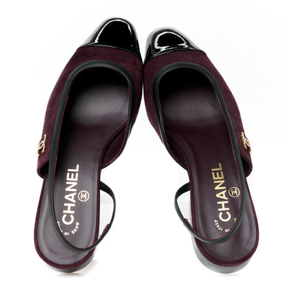 Chanel Suede Patent Crystal CC Cap Toe Slingback Flats 37.5 Burgundy Black 2 of 11