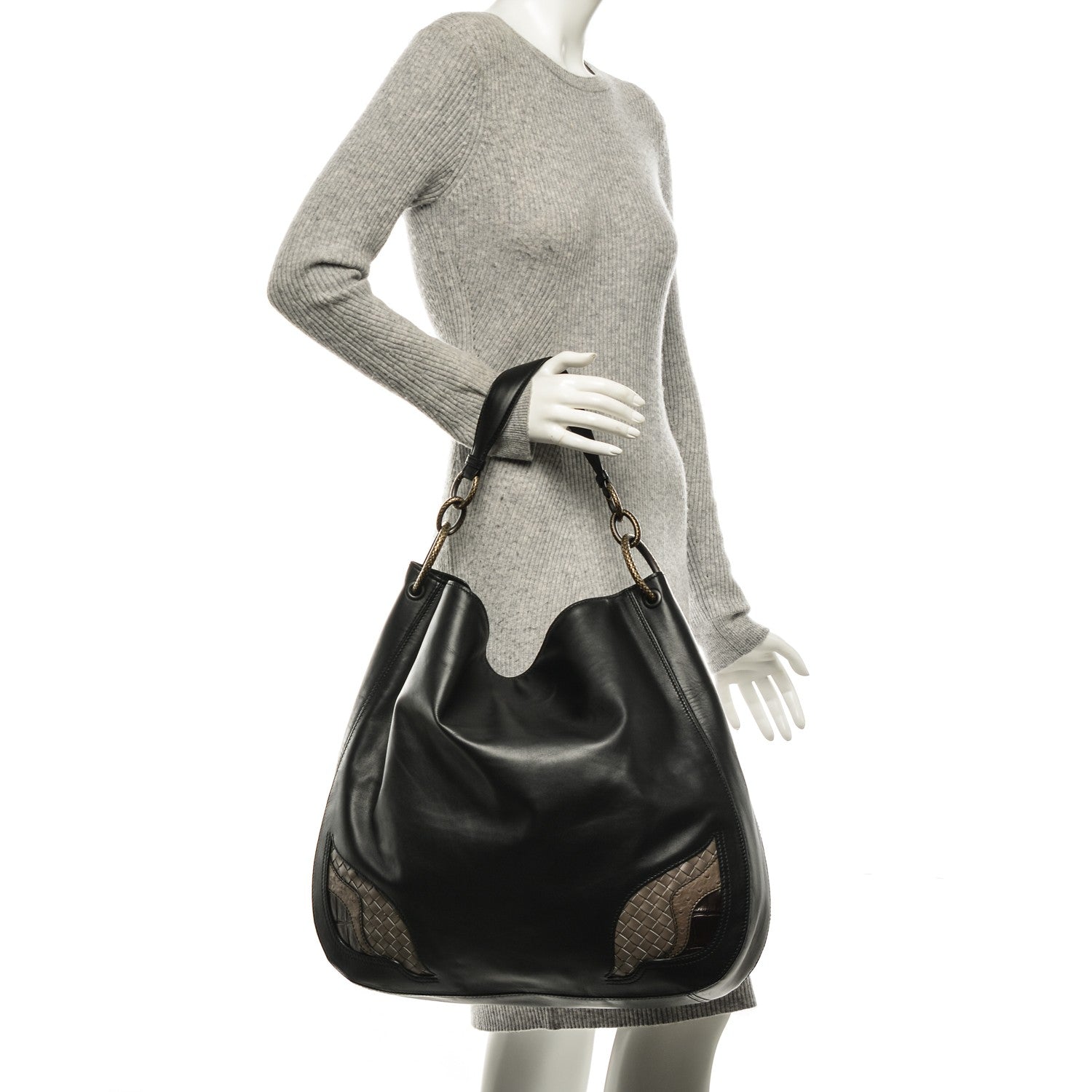 Bottega Veneta Calfskin Crocodile Ostrich Loop Bag Nero Black 2 of 9