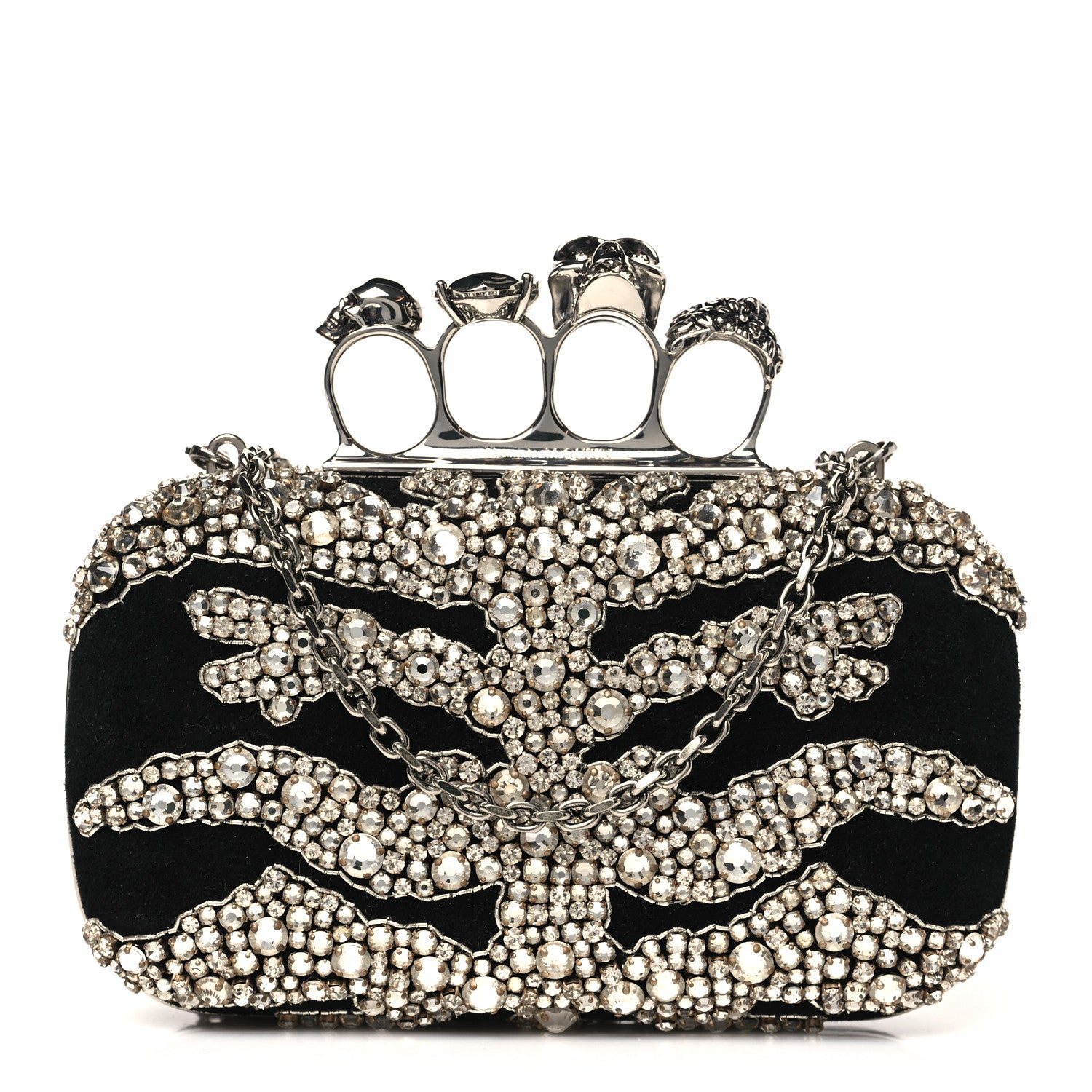 Alexander McQueen Suede Crystal Skull Knuckle Chain Box Clutch Black 1 of 10