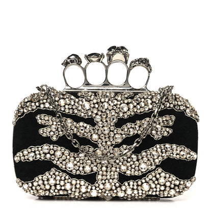 Alexander McQueen Suede Crystal Skull Knuckle Chain Box Clutch Black 1 of 10