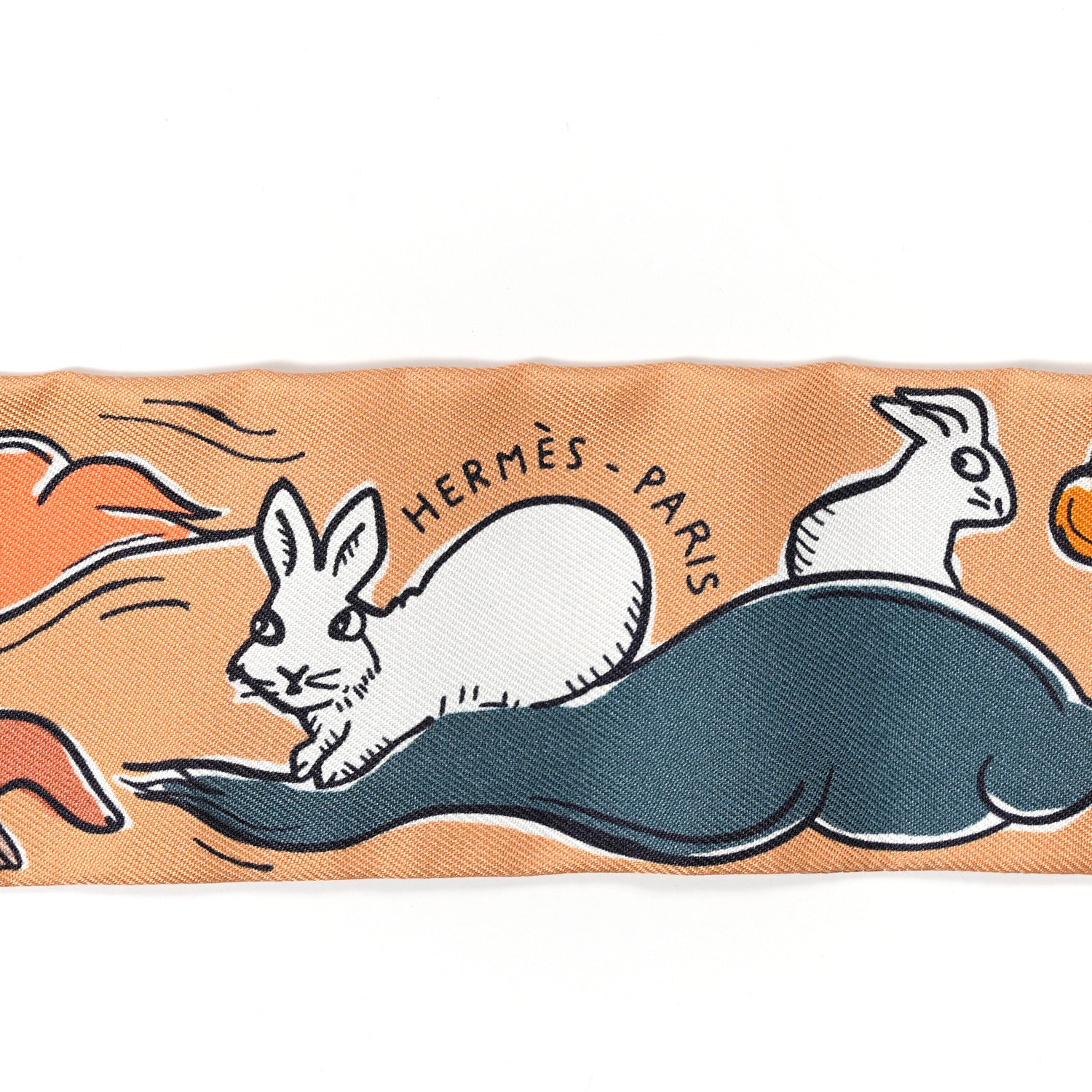 Hermes Silk Mille Et Un Lapins Twilly Beige Dore Abricot White 2 of 4