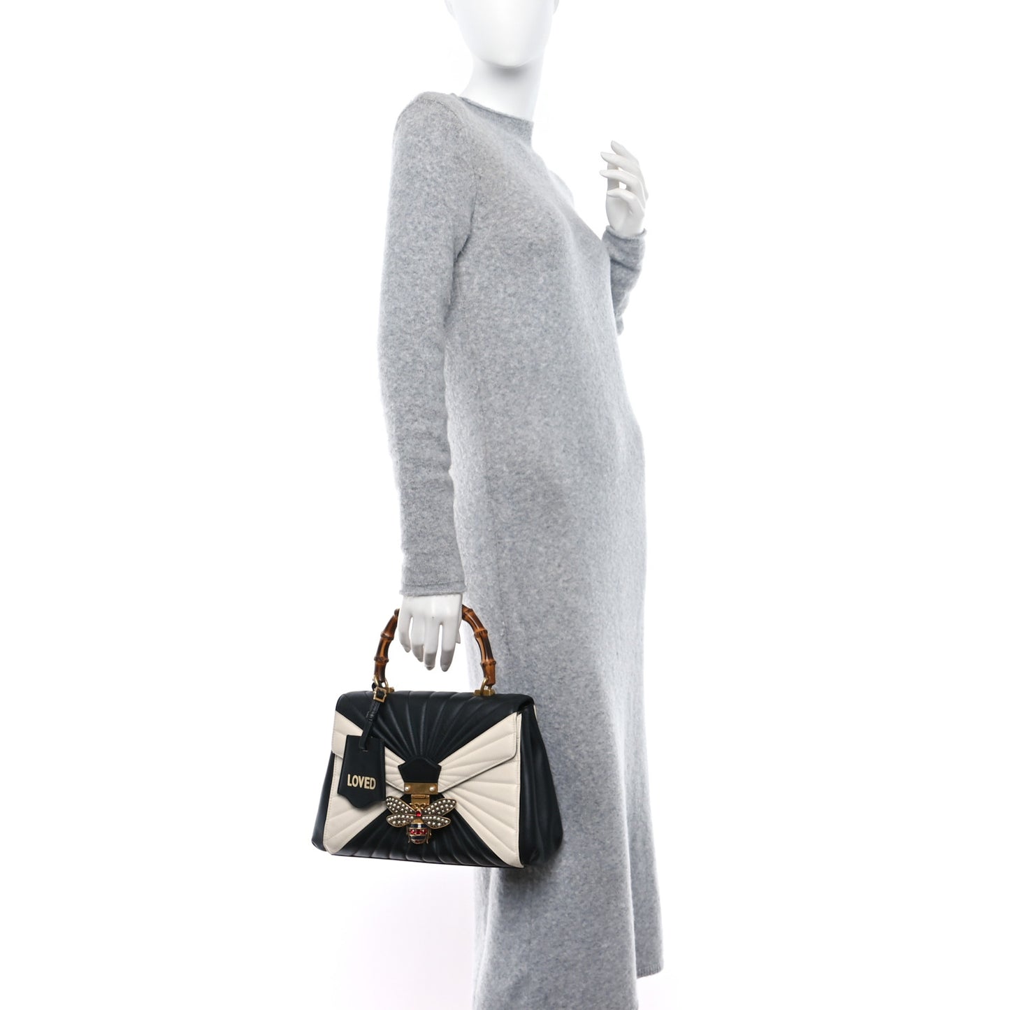 Calfskin Bamboo Trapuntata Queen Margaret Top Handle Bag Mystic White Black