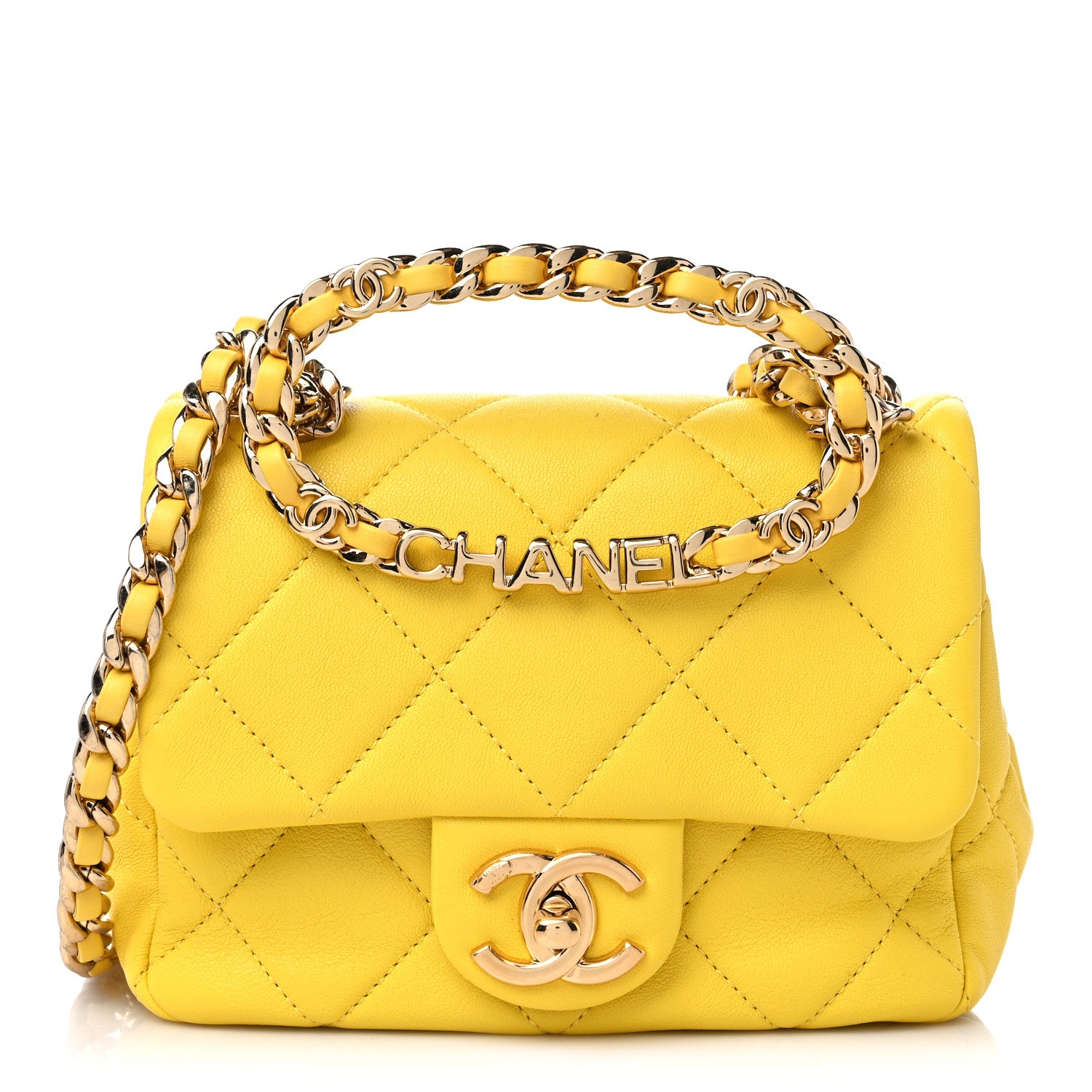 Chanel Lambskin Metal Quilted Mini Top Handle Square Flap Yellow 1 of 10