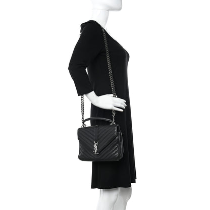 Saint Laurent Sheepskin Matelasse Chevron Monogram Medium College Bag Black 2 of 13